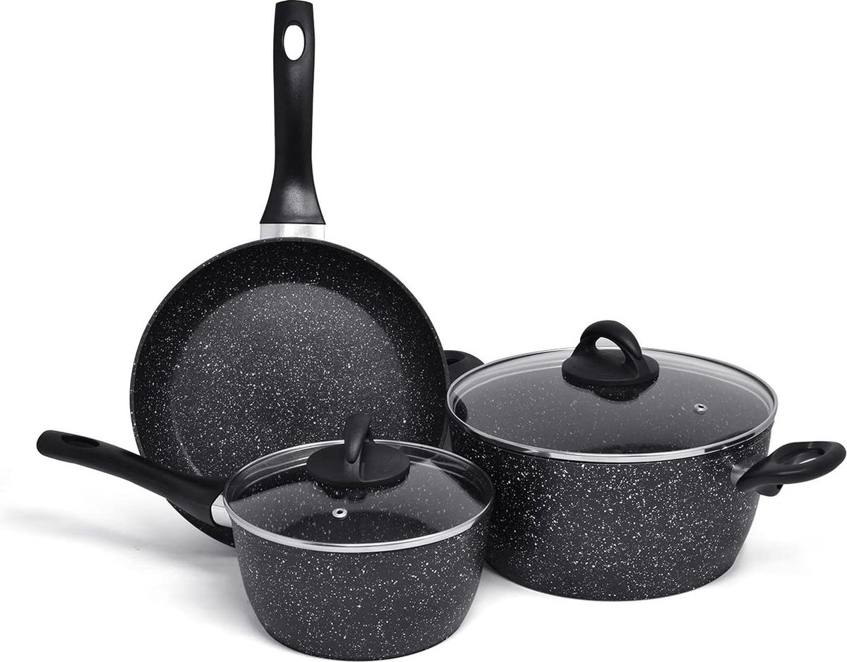 Inductiekoekenpannen set 3-delig Cool Touch-handvat aluminium antiaanbakpannenset glazen deksels Multifunctioneel