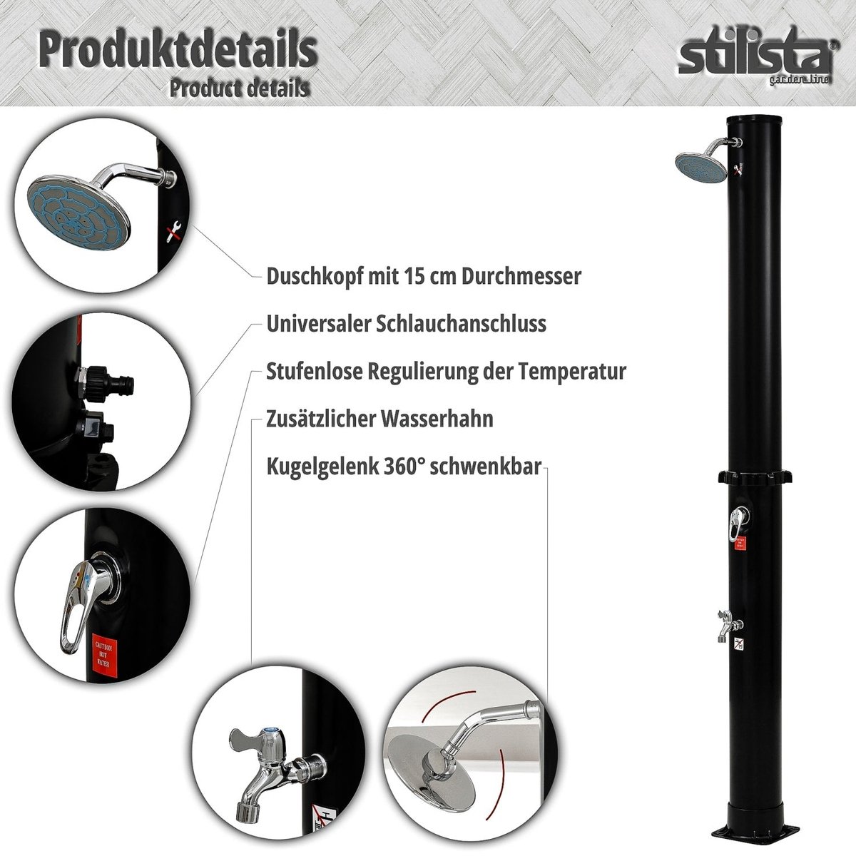 Stilista Buitendouche Solar Tuindouche Campingdouche 35 Liter Hoogte 217 cm Zwart