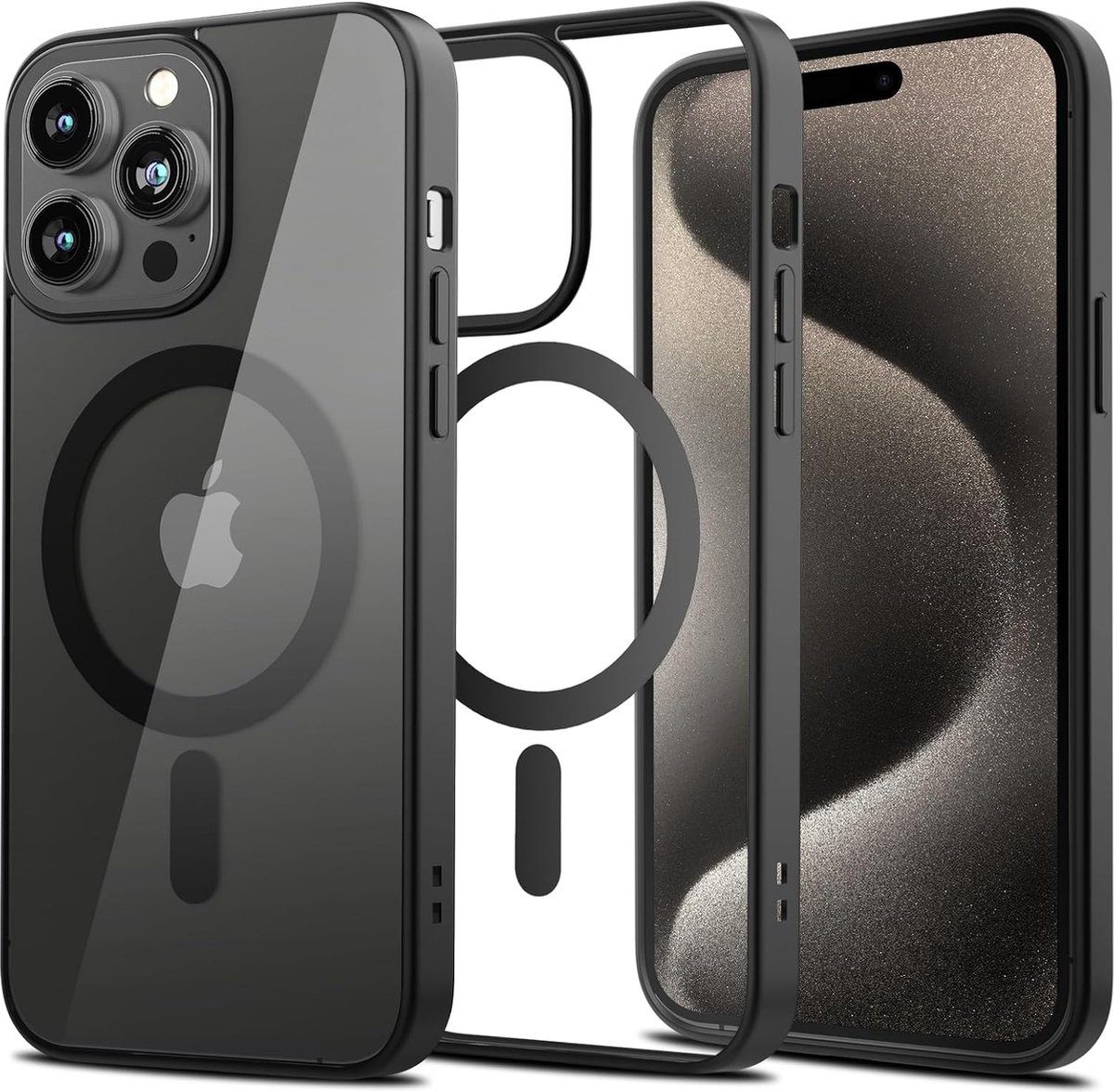 Hoesje geschikt voor iPhone 15 Pro Max Doorzichtig Zwart - Magsafe Hoesje geschikt voor iPhone 15 Pro Max - Doorzichtig Zwart