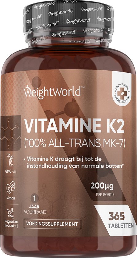 Foto: Weightworld vitamine k2 mk 7 tabletten 200 mcg 365 tabletten voor 1 jaar voorraad vegan vitamine k