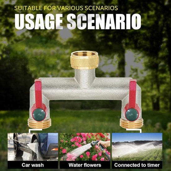 iBamso 3-weg verdeler, 3/4 inch waterverdeler, 3-weg van vernikkeld messing, voor aansluiting van 2 apparaten, tuinslangadapter, verlengde handgreep, voor tuin, irrigatie, keuken, waterkraan