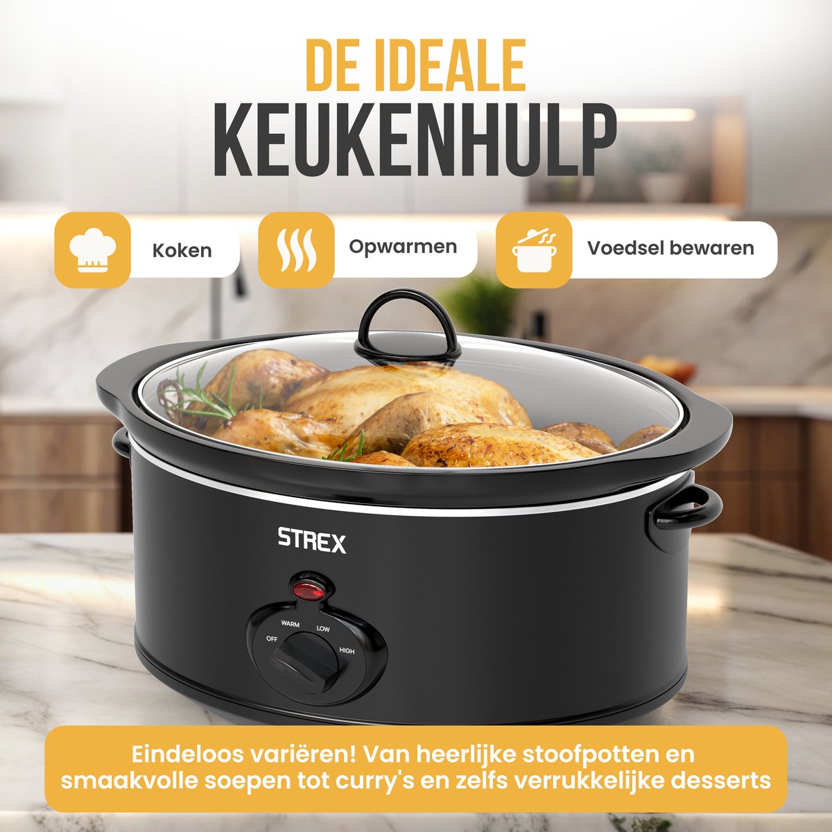Strex Slowcooker 6.5L - 3 Standen - Met Uitneembare Keramische Binnenpan & Warmhoudfunctie - Zwart – foto 6