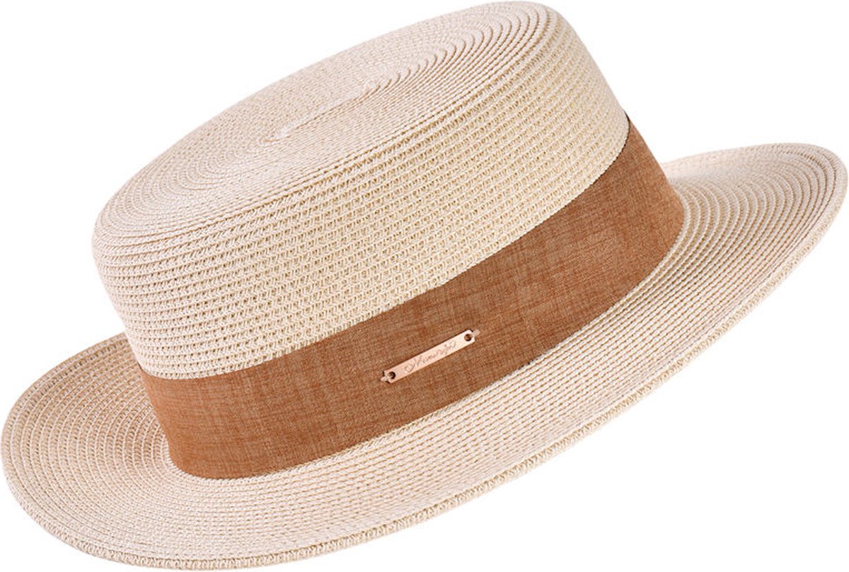 Decopatent - Zonnehoed Dames Rond - Zomerhoed met Bruine Rand - Strohoed UV - Ø58 cm - Strandhoed Hoofddeksel Rond - Hoed voor Volwassenen - Kleur: Naturel met Bruine Rand