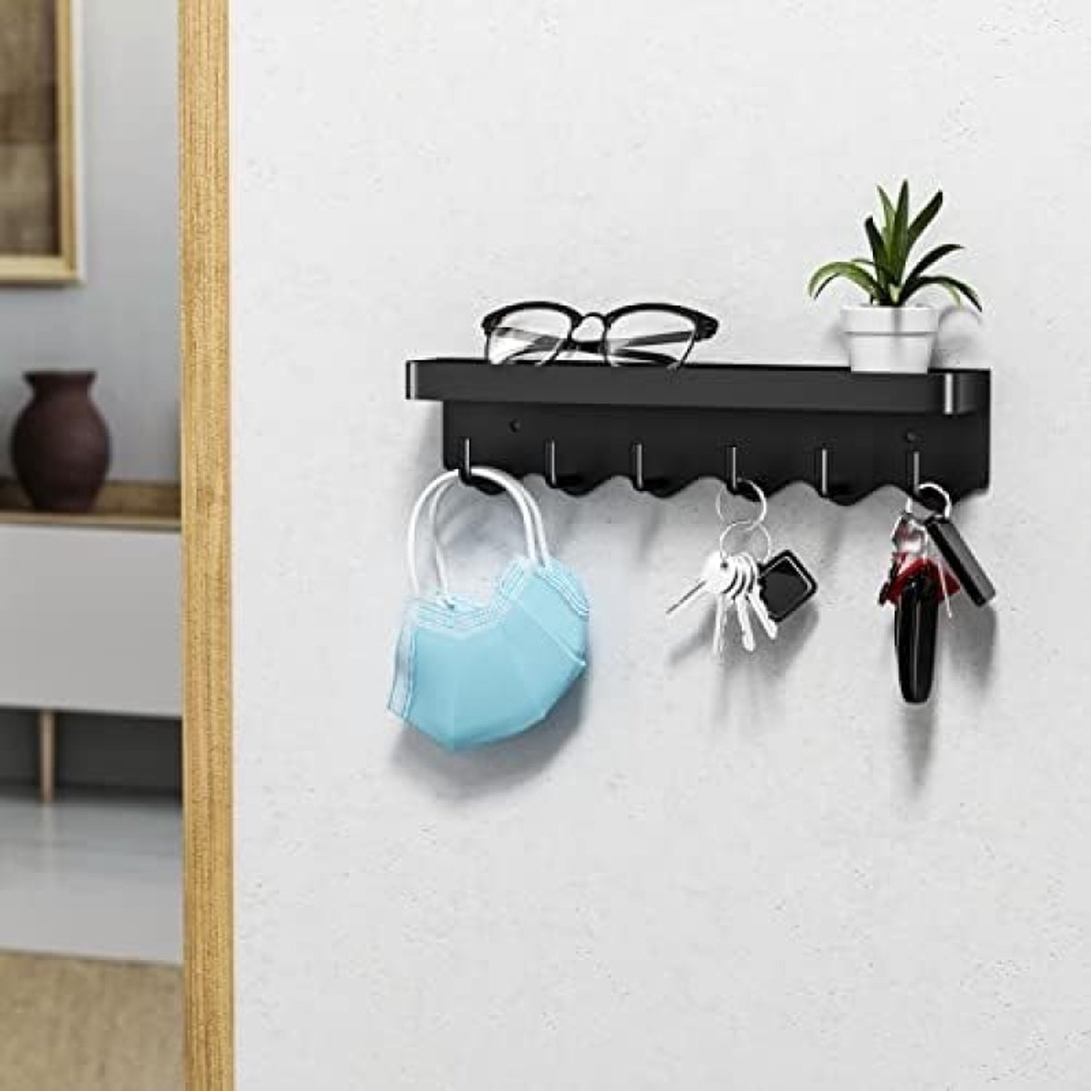 Organisation Clés Porte-clés Mural Niffgaff - 6 Crochets Avec étagère - Installation Sans Perçage - Idéal Entrée Et Cuisine Crochets Adhésifs