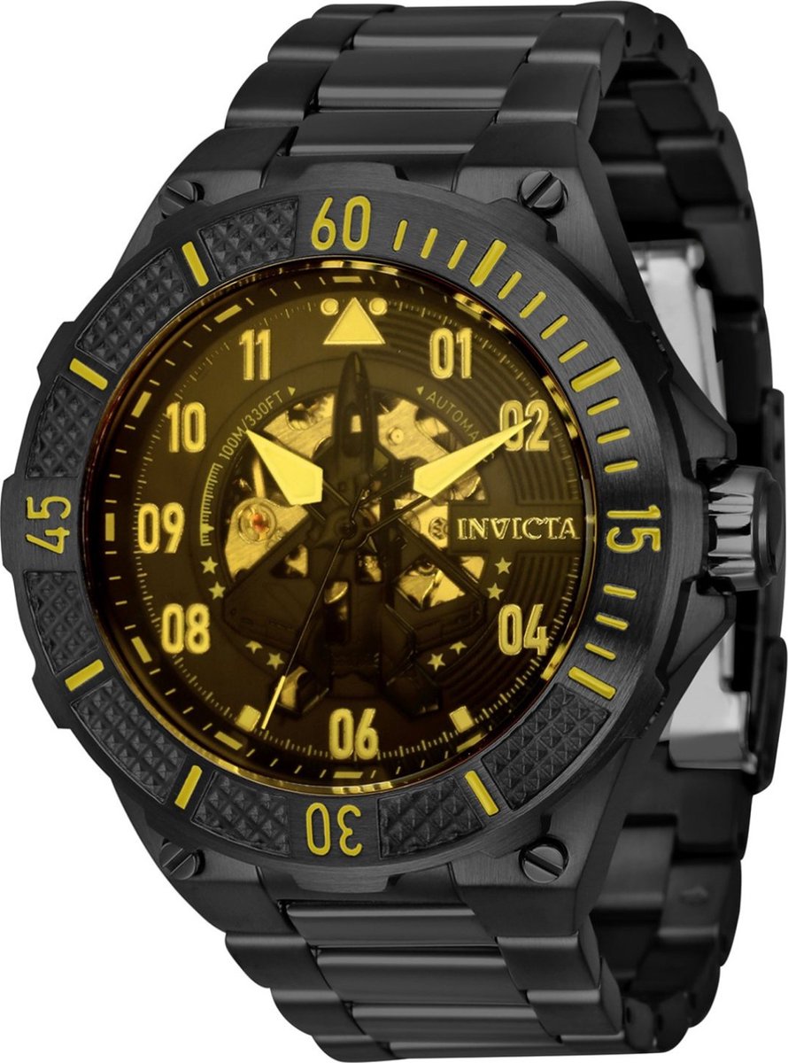 Invicta Aviator 39916 Heren Horloge - Waterdicht - Analoog - Automatisch Uurwerk - Roestvrij Staal met Gele Wijzerplaat - 50mm