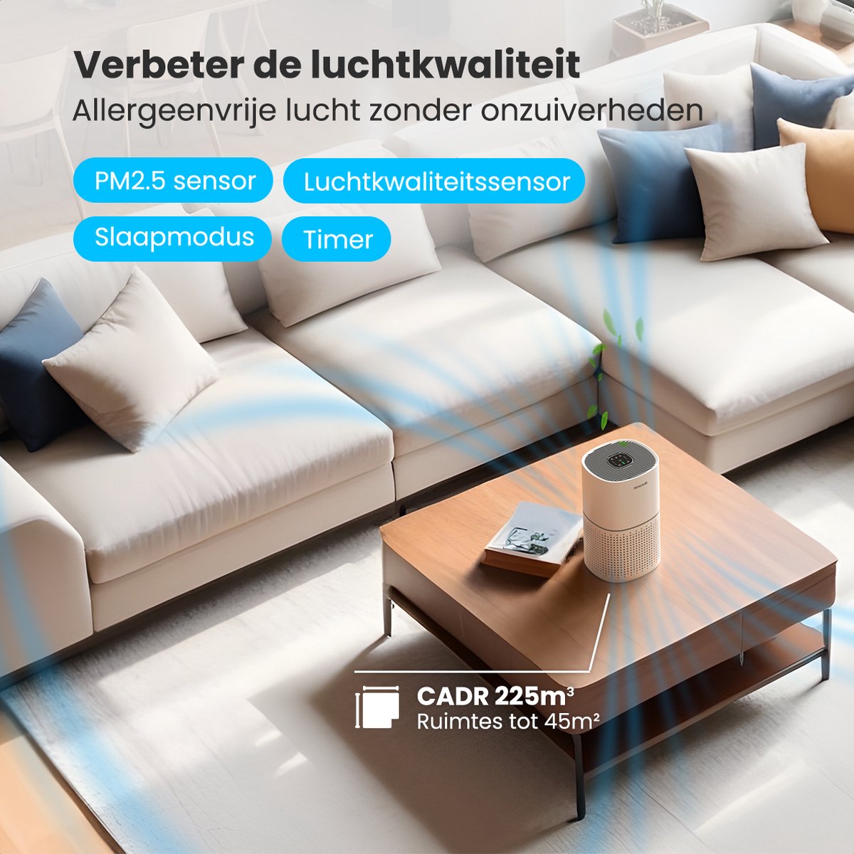 Auronic Luchtreiniger Fresh met HEPA 13 Filter, Ionisator en Koolstoffilter - Ruimtes tot 45m² - CADR-waarde van 225m³/u - Air Purifier - Wit – foto 4