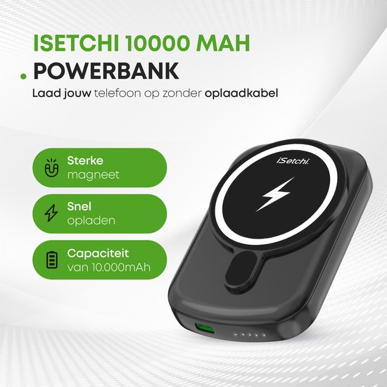 iSetchi Magsafe Power Bank 10 000 mAh - Klein taille - Magnétique et sans fil - Pour iPhone 12 & 13 - Chargeur de batterie sans fil