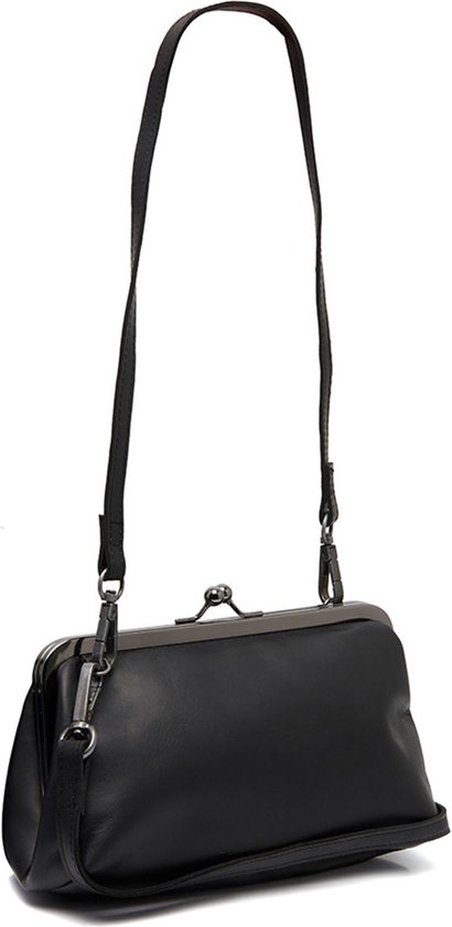 Zwarte tas met schouderband en kiss-sluiting.