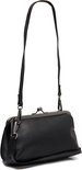 Zwarte tas met schouderband en kiss-sluiting.