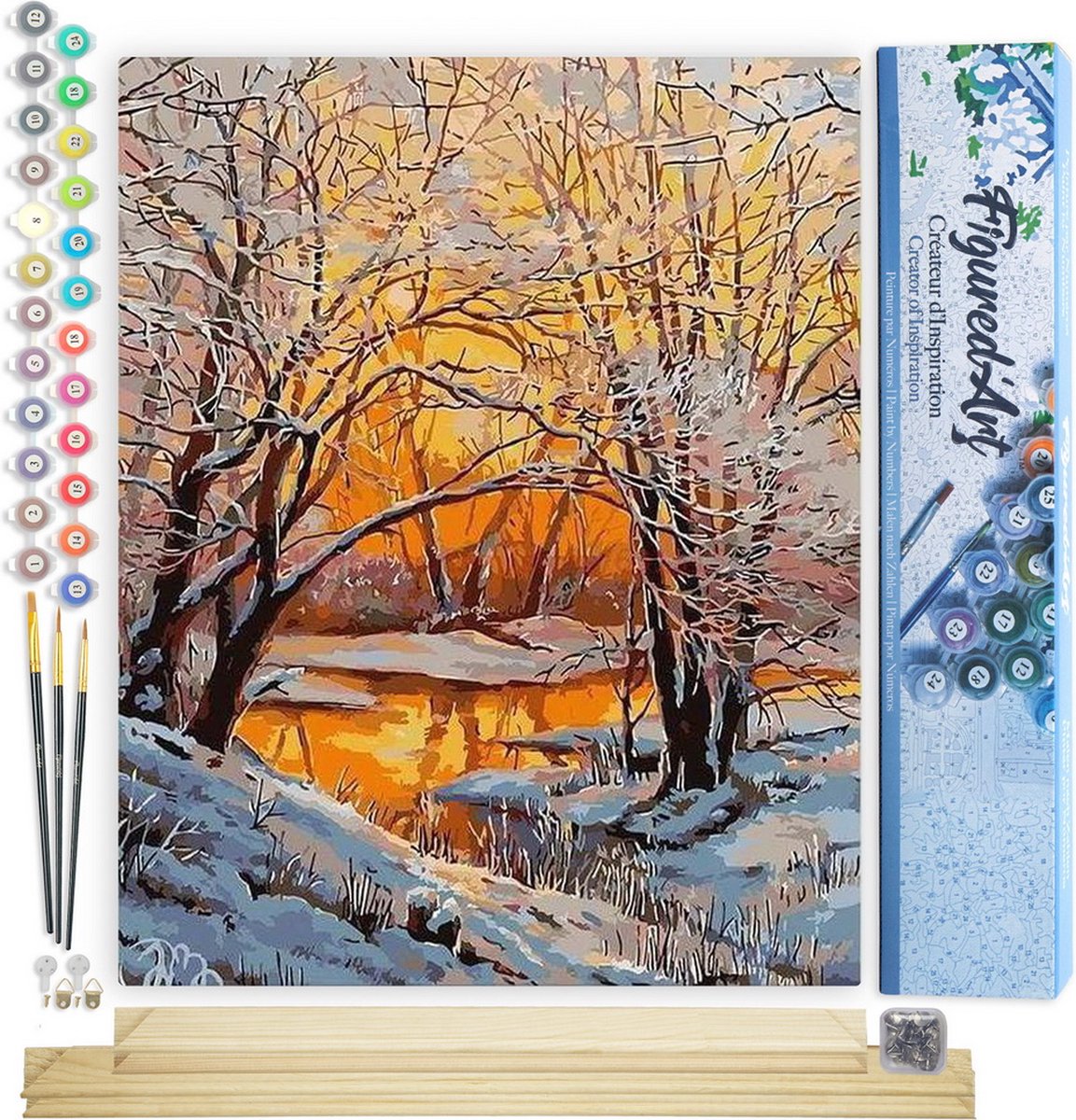 Figured'Art Schilderen op Nummer Volwassenen canvas Frisse lucht in het winterbos - Handwerk acrylverf Kit DIY Compleet - 40x50cm met DIY houten lijst