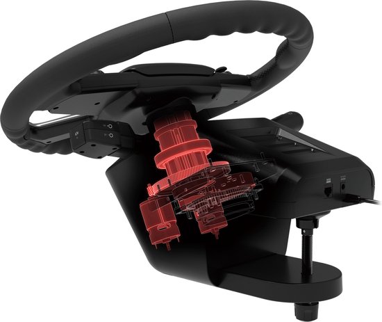Zwart Hori Force Feedback stuurwiel met zichtbare interne rode tandwielen en klembevestiging.