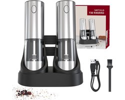 Electric Salt and Pepper Mill Set - Adjustable Coardeness - LED Light - Charging Station - Improved Large Container - Shrivee Stainless Steel