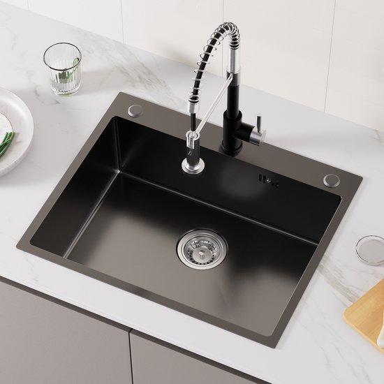 AURALUM Spoelbak 1 Bak 55x45x18.5cm Zwart Roestvrij Staal met Draaibare Kraan en Verdeler