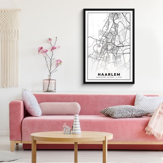 Affiche avec cadre Carte - Haarlem - Zwart - Wit - 60x90 cm