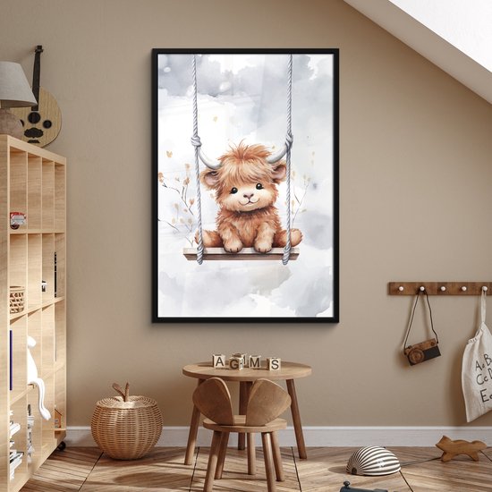 Poster in lijst - Fotolijst 80x120 cm - Posters - Schotse hooglander - Dier - Kinderen - Babykamer - Kinderkamer - Posterlijst zwart - Kamer decoratie - Wanddecoratie kinderkamer - Muurdecoratie babykamer
