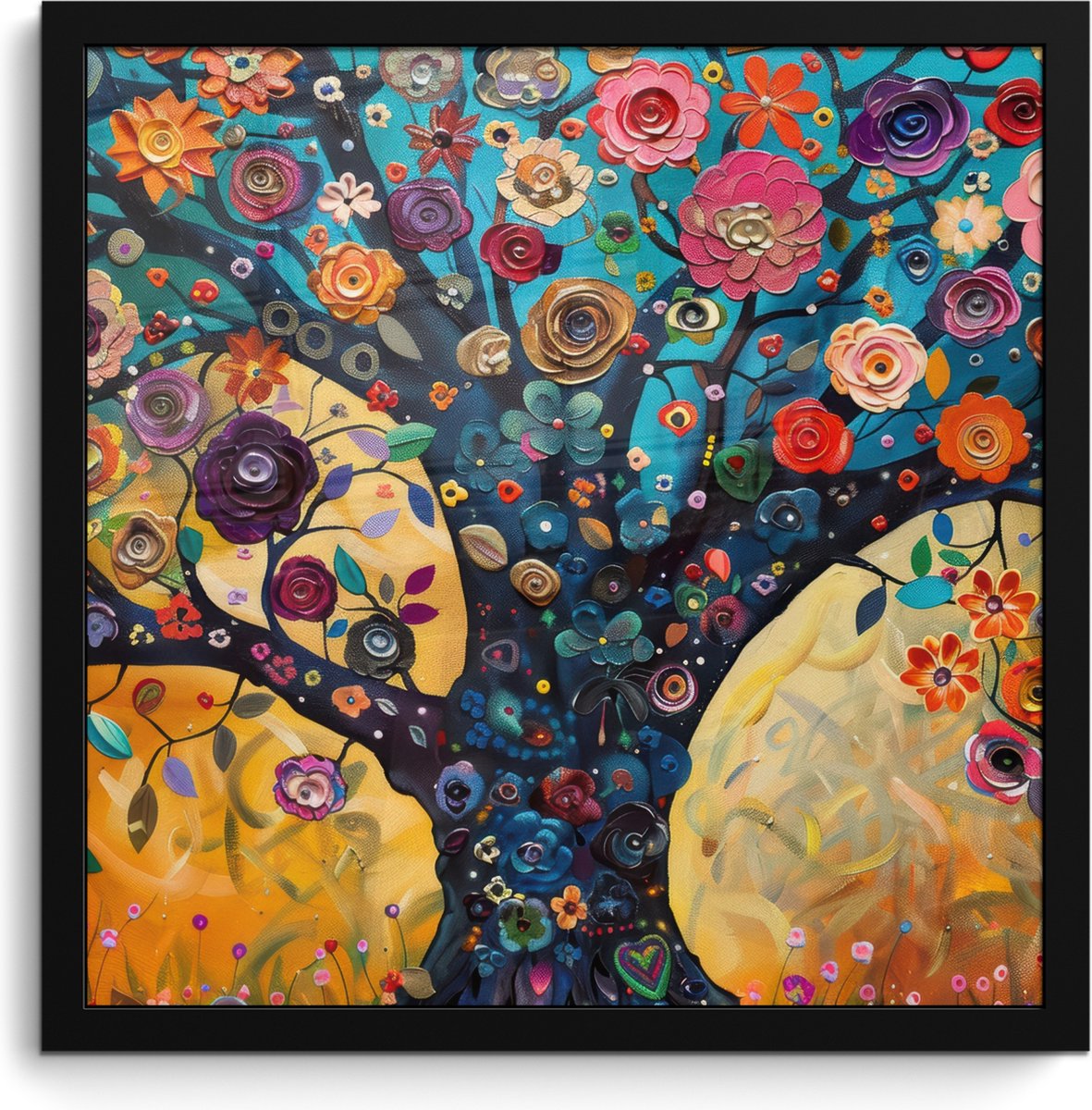 FrameYourWall Poster in lijst - Fotolijst 40x40 cm - Posters - Boom - Levensboom - Kleurrijk - Bloemen - Modern - Posterlijst zwart - Decoratie - Wanddecoratie woonkamer - Muurdecoratie slaapkamer