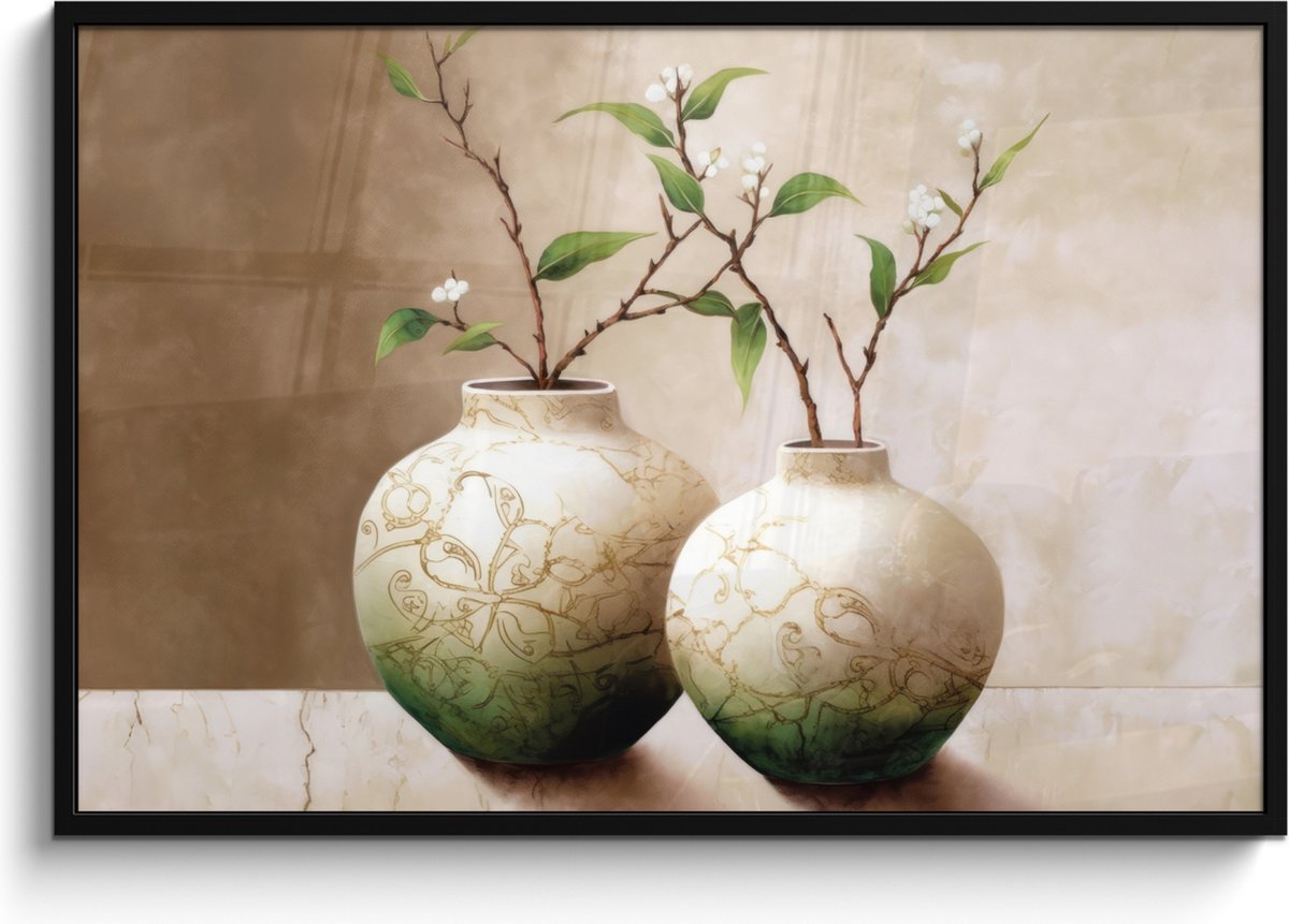 FrameYourWall Poster in lijst - Fotolijst 120x80 cm - Posters - Bloemen - Vaas - Wit - Botanisch - Beige - Posterlijst zwart - Wanddecoratie badkamer - Muurdecoratie WC - Decoratieve accessoires - Toilet muur decoratie Beige - Vazen