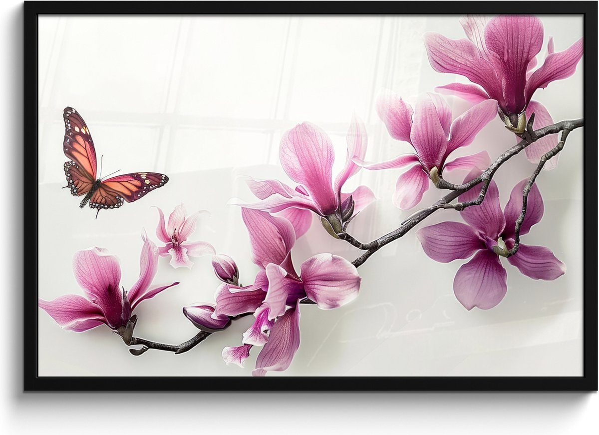 FrameYourWall Poster in lijst - Fotolijst 90x60 cm - Posters - Bloesem - Vlinder - Roze - Natuur - Wit - Posterlijst zwart - Wanddecoratie badkamer - Muurdecoratie WC - Decoratieve accessoires - Toilet muur decoratie Bloem - Vlinder