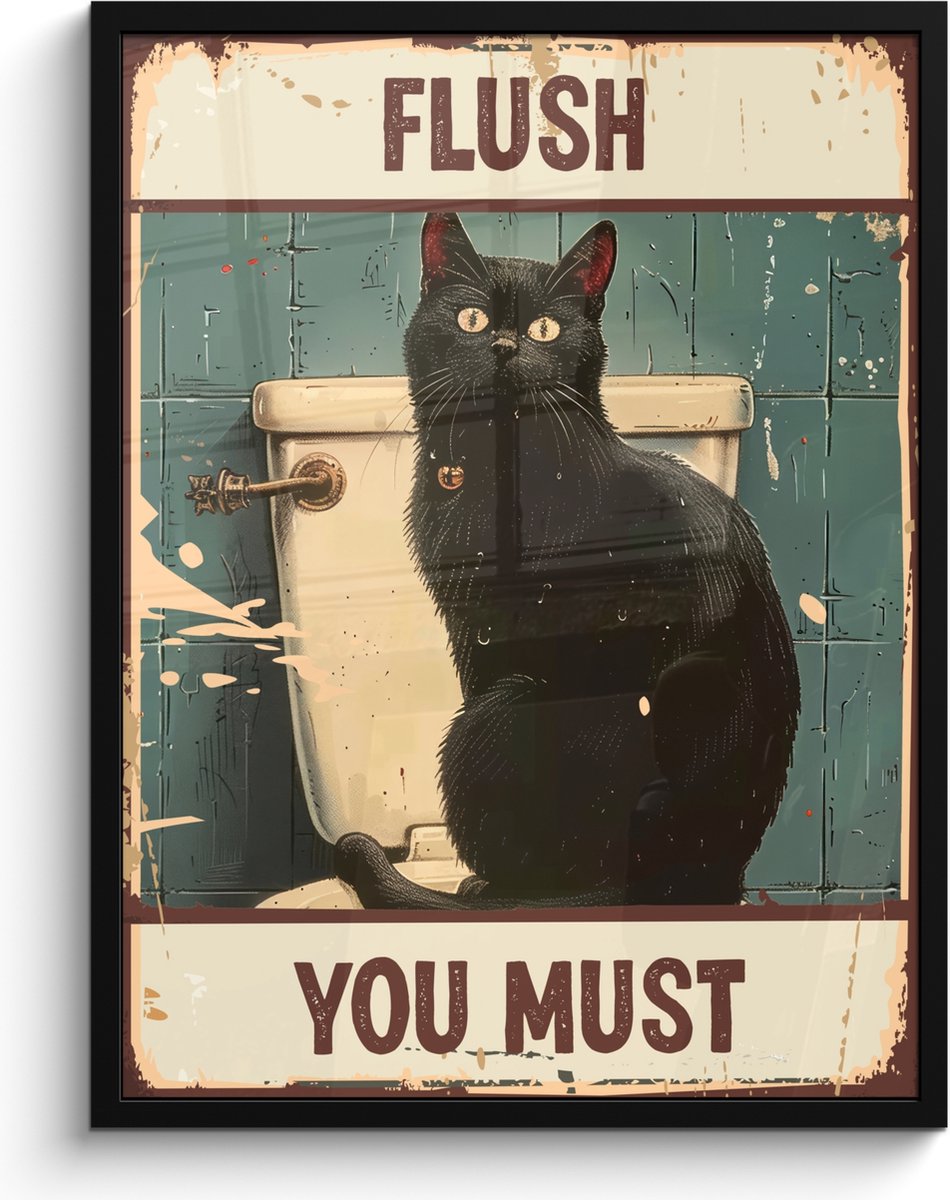 Poster in lijst - Fotolijst 60x80 cm - Posters - Kat - Vintage - Zwart - Quote - Flush you