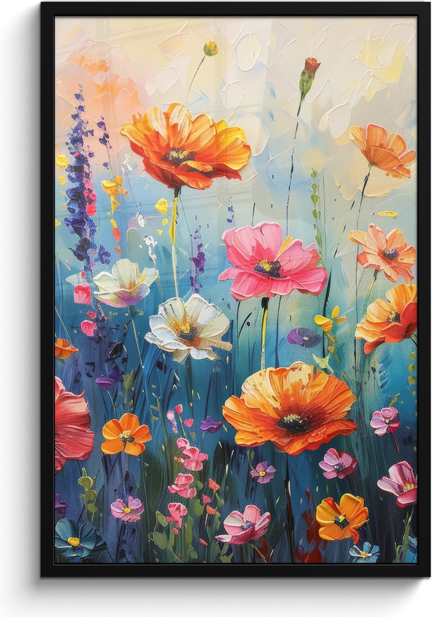 FrameYourWall Poster in lijst - Fotolijst 60x90 cm - Posters - Bloemen - Natuur - Waterverf - Kunst - Posterlijst zwart - Decoratie - Wanddecoratie woonkamer - Muurdecoratie slaapkamer Weidebloemen