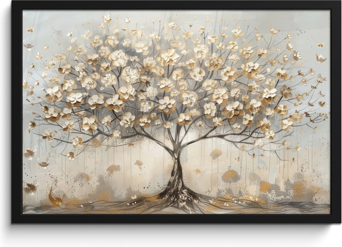 FrameYourWall Poster in lijst - Fotolijst 60x40 cm - Posters - Boom - Beige - Goud - Verflook - Grijs - Posterlijst zwart - Decoratie - Wanddecoratie woonkamer - Muurdecoratie slaapkamer Pastel - Goud