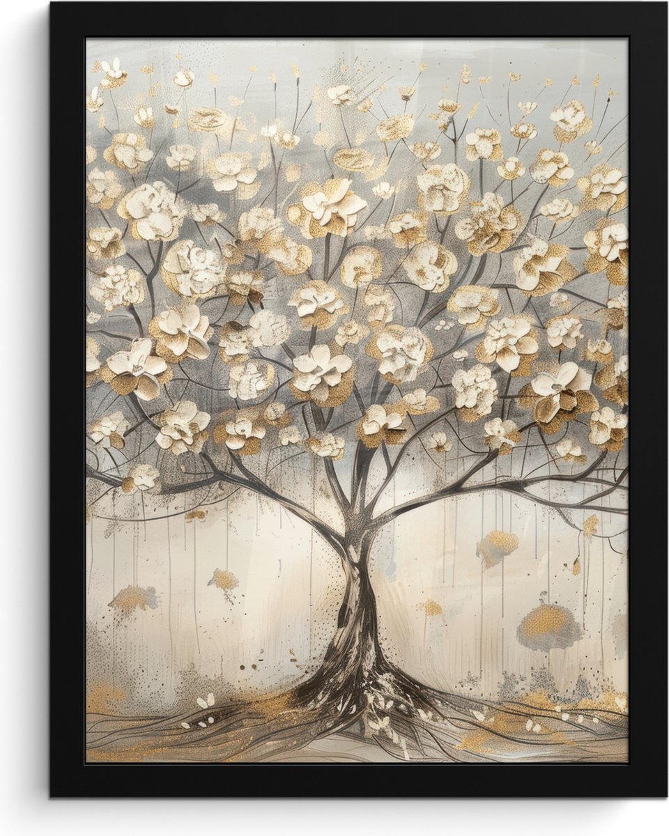 FrameYourWall Poster in lijst - Fotolijst 30x40 cm - Posters - Boom - Beige - Goud - Verflook - Grijs - Posterlijst zwart - Decoratie - Wanddecoratie woonkamer - Muurdecoratie slaapkamer Pastel - Goud