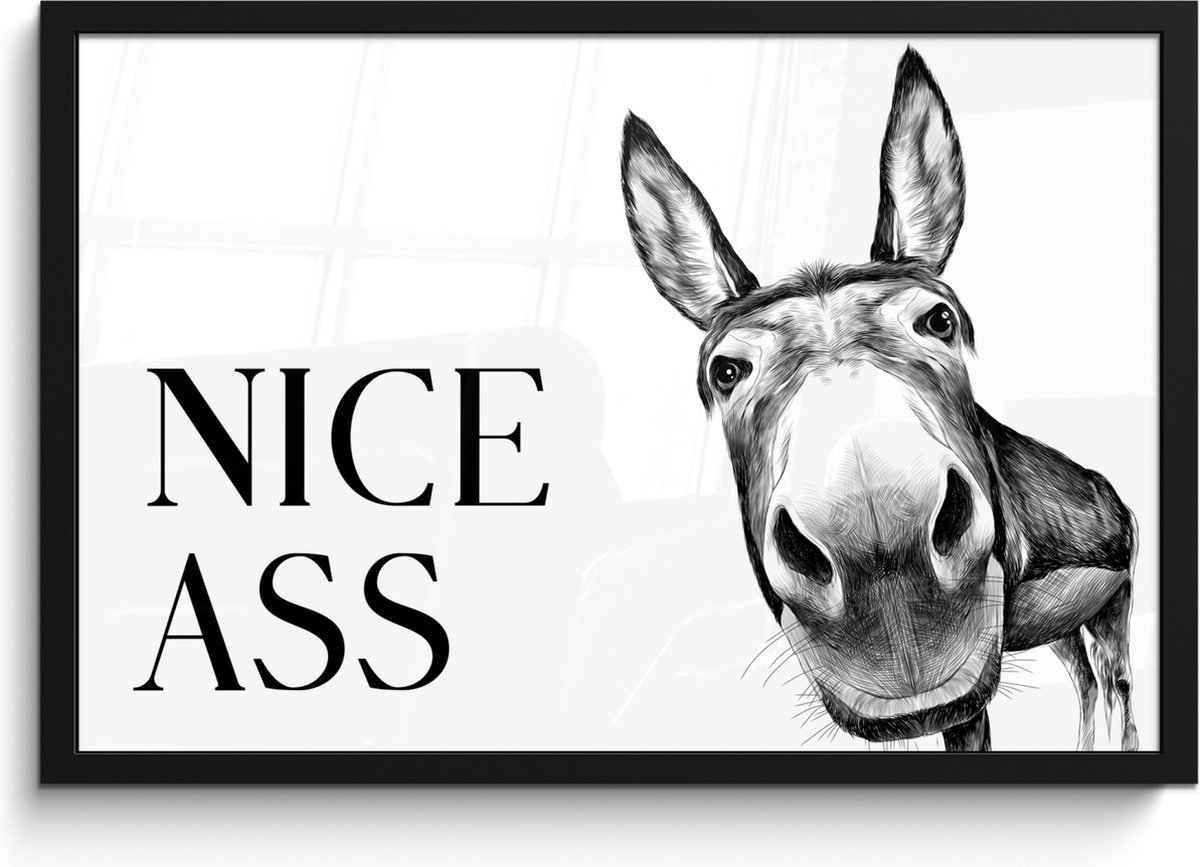 Poster in lijst - Fotolijst 60x40 cm - Posters - Quote - Ezel - Dieren - Nice ass - Spreuk