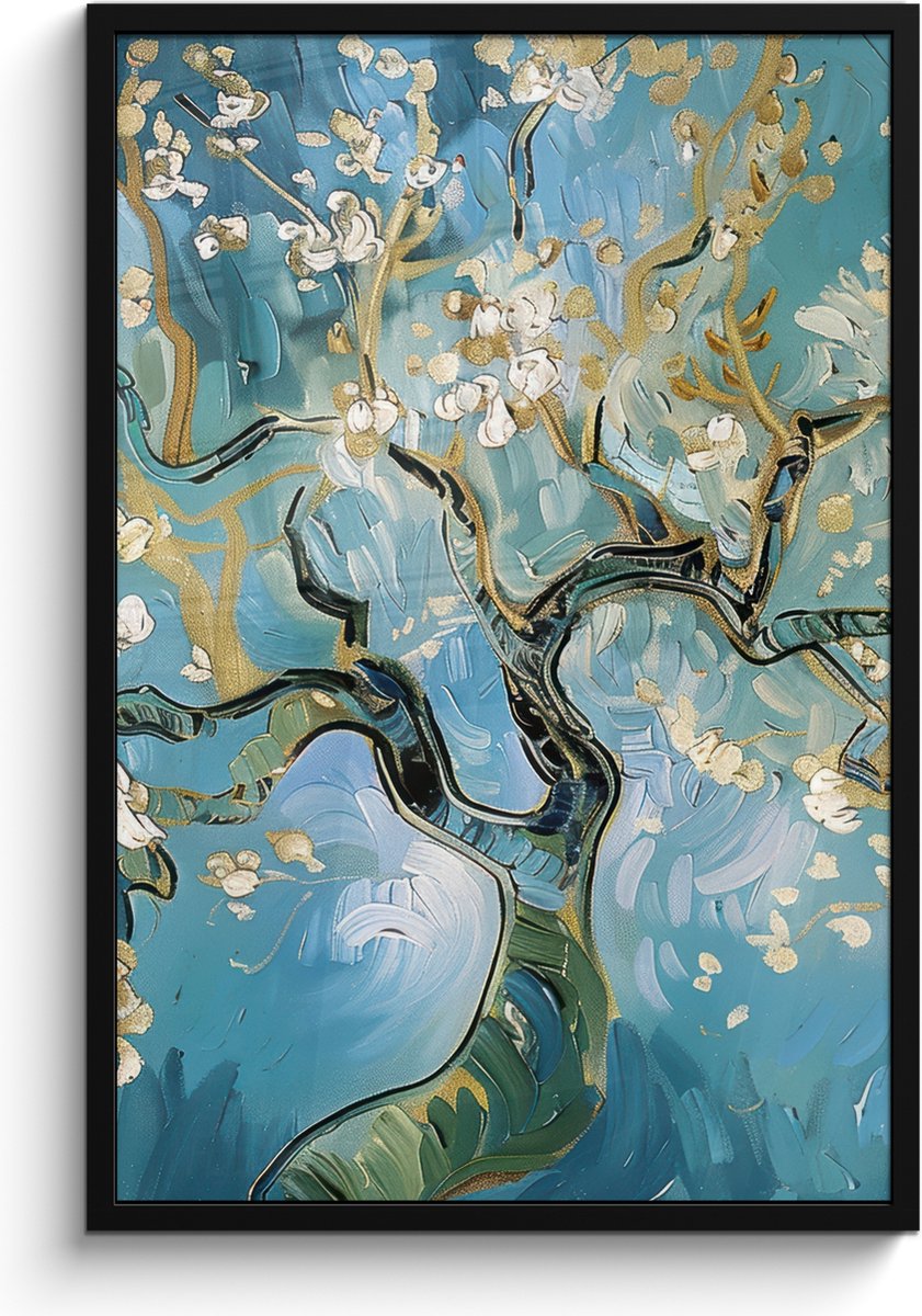 FrameYourWall Poster in lijst - Fotolijst 60x90 cm - Posters - Amandelbloesem boom - Blauw - Abstract - Posterlijst zwart - Decoratie - Wanddecoratie woonkamer - Muurdecoratie slaapkamer Blauw - Goud