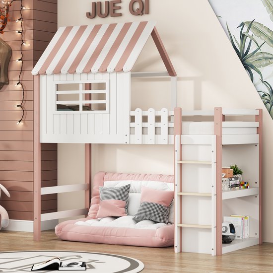 Sweiko Lit d'enfant 90 x 200 cm, lit de fille haut et bas, lit familial, échelle de sécurité avec boîte de rangement, lit multifonctionnel en forme de toit, lit en bois Massief avec cadre plat en forme de nouilles, rose (Geen matelas)