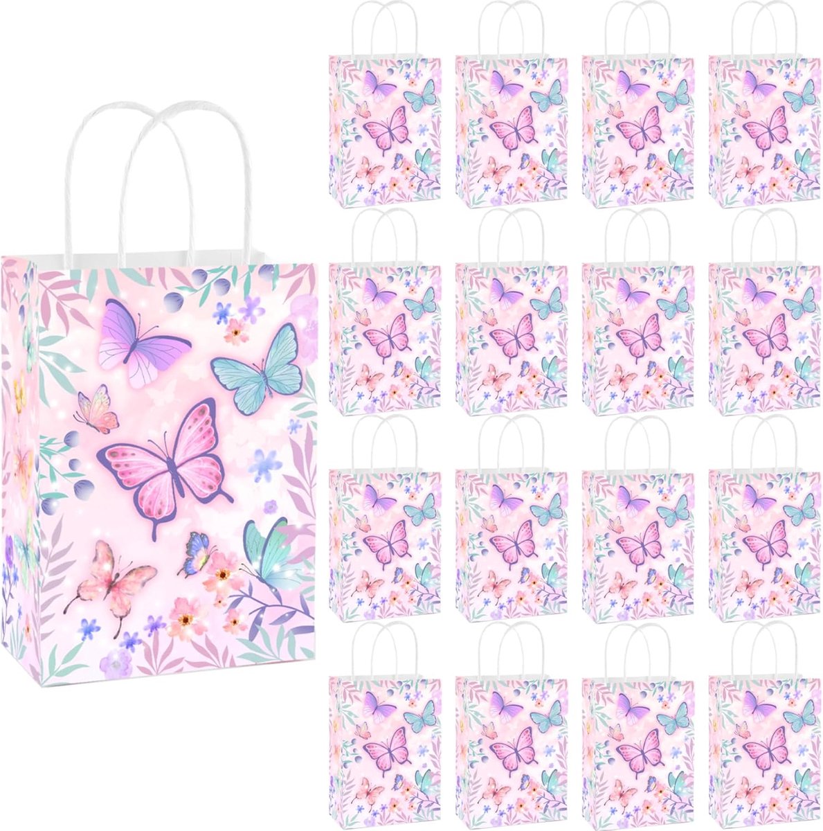 Papieren cadeauzakjes voor kinderverjaardag - Vlinderdesign, 16 stuks