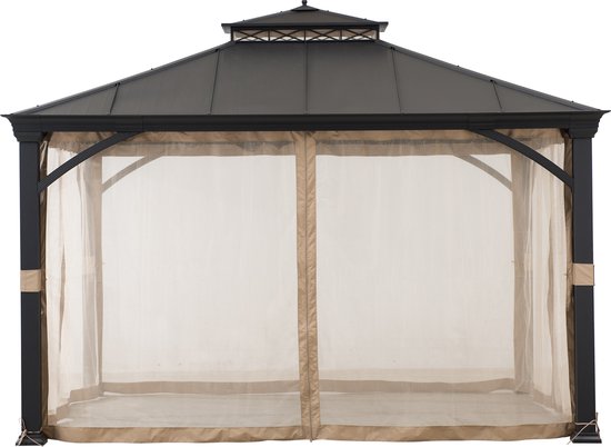 Foto: Gazebo luxe tuinpaviljoen in antraciet met hard top hip roof dak en creme vitrage netting 366 x 305cm