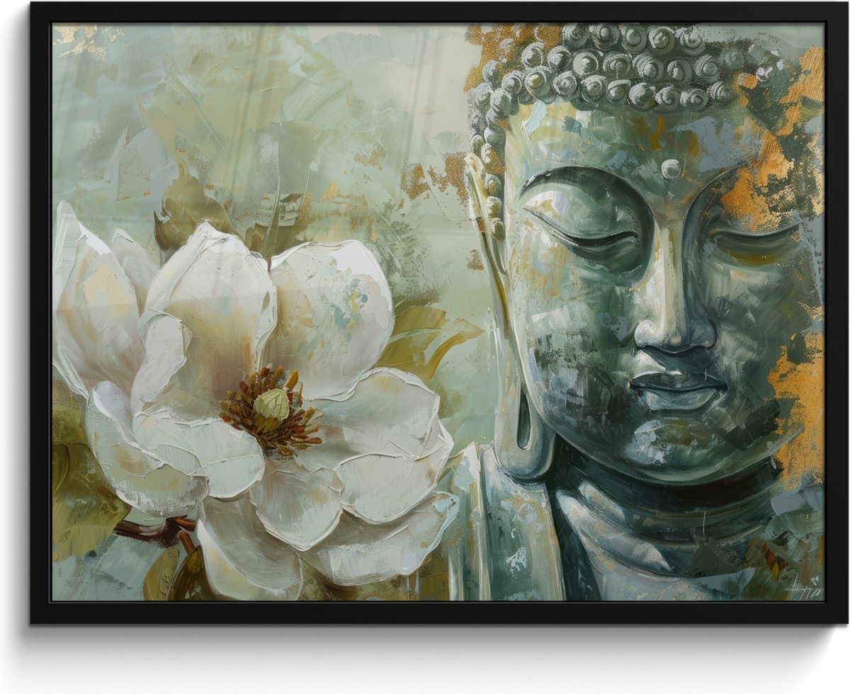 FrameYourWall Poster in lijst - Fotolijst 80x60 cm - Posters - Boeddha - Groen - Lotusbloem - Wit - Posterlijst zwart - Decoratie - Wanddecoratie woonkamer - Muurdecoratie slaapkamer