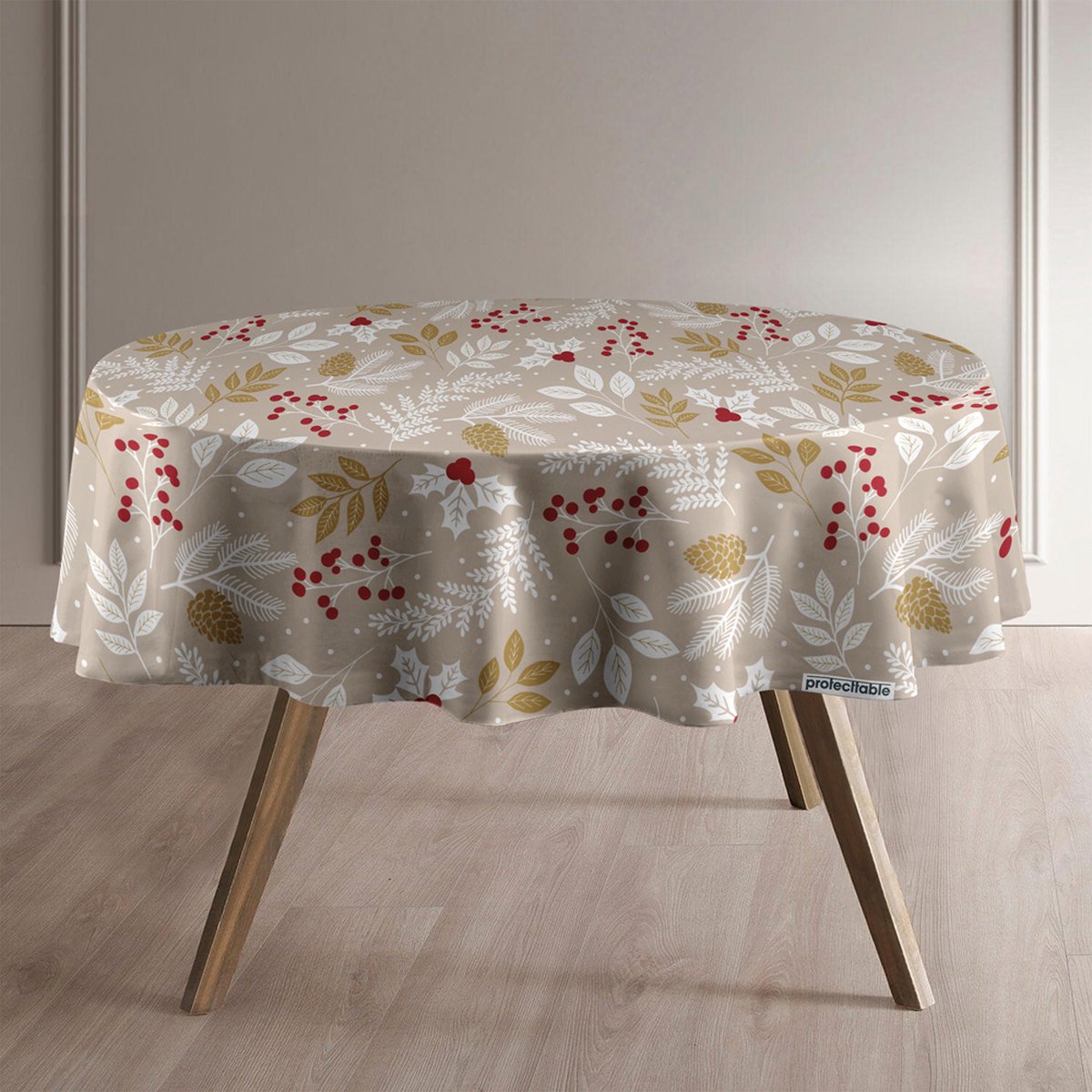 Protecttable - Rond Kerst Tafelzeil Gouden Takjes Ø138cm - Tafelkleed Afwasbaar - Kunststof