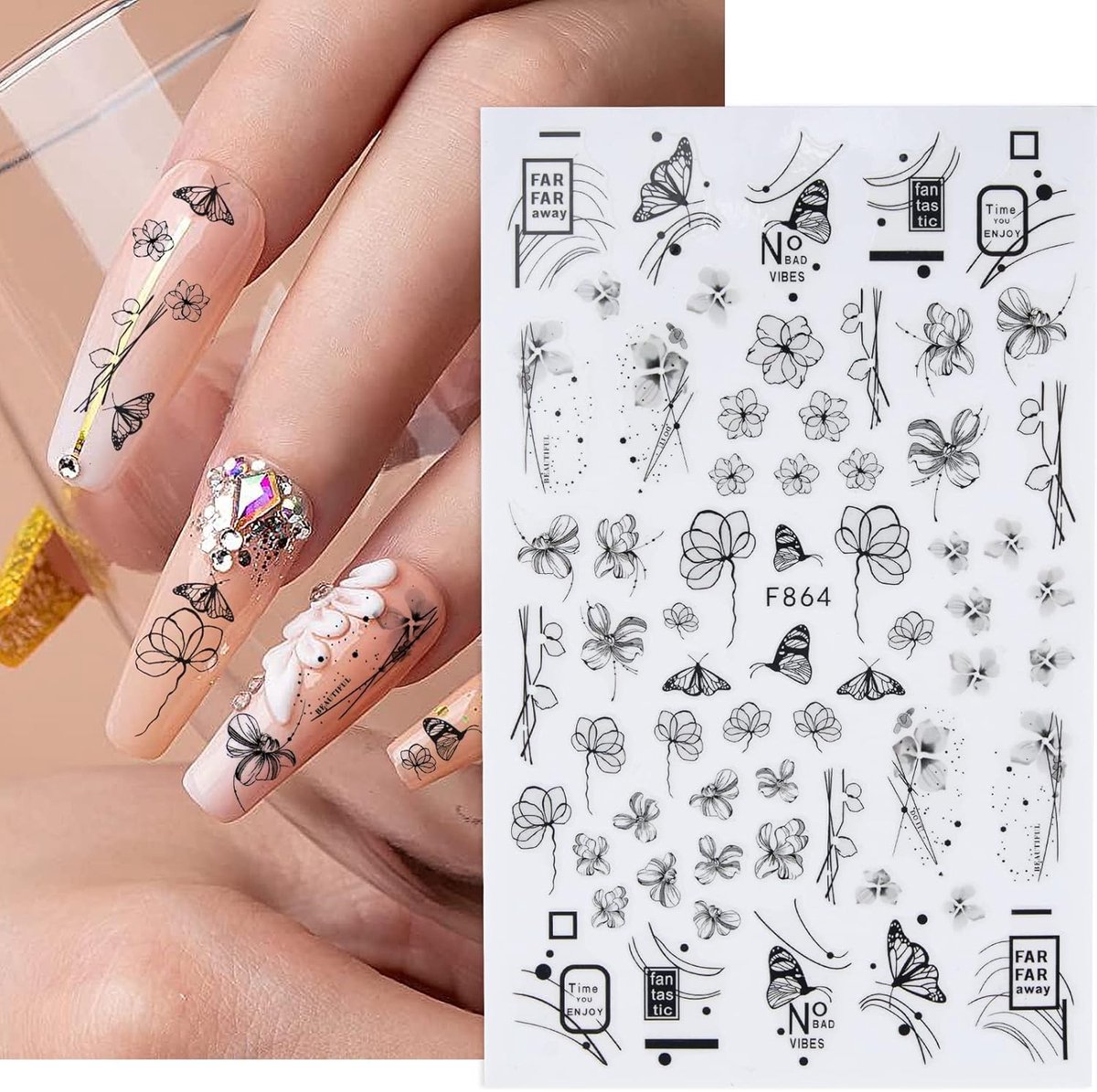 Goedkoopste 6 Vellen Nagelstickers - Zelfklevende Nail Art Stickers Met Bloemen En Vlinderpatroon - DIY Nagel Decals - Lichtgewicht Waterproof - Elegante Nagelversiering Voor Vrouwen En Meisjes - Botanisch Thema - ChouchouClip Stijl