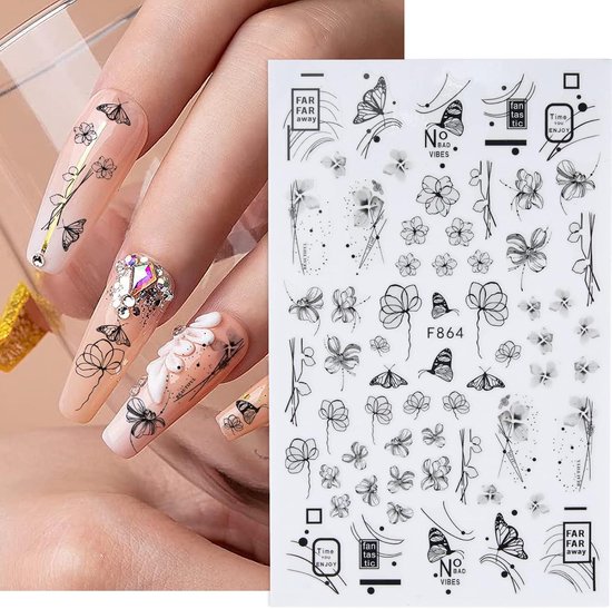 Gedetailleerde nail art stickers met vlinders, bloemen en de tekst 'FAR FAR AWAY'.