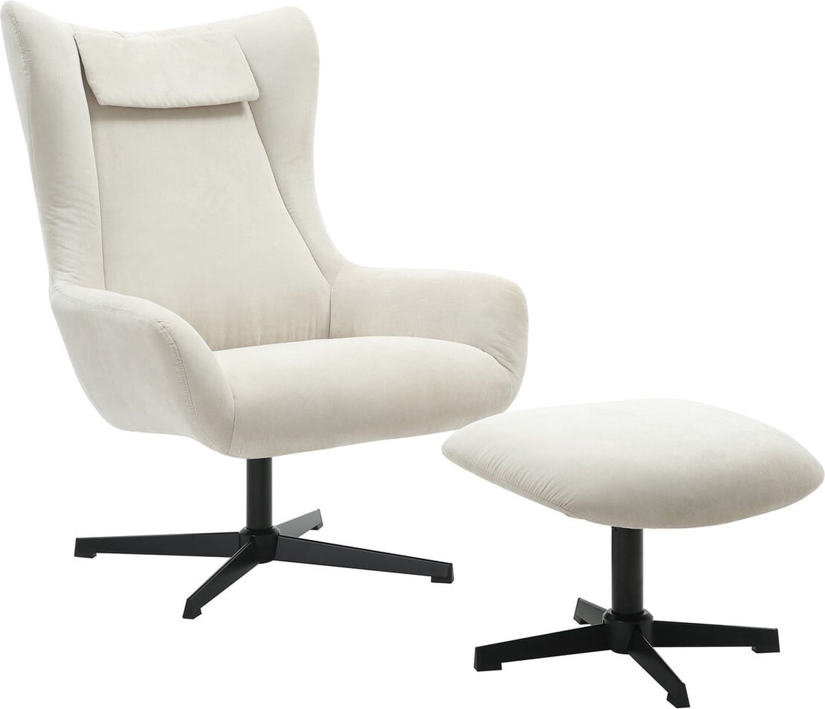 Fauteuil en poef Siem Beige - Ribstof - Zithoogte 44 cm - Zitdiepte 52 cm