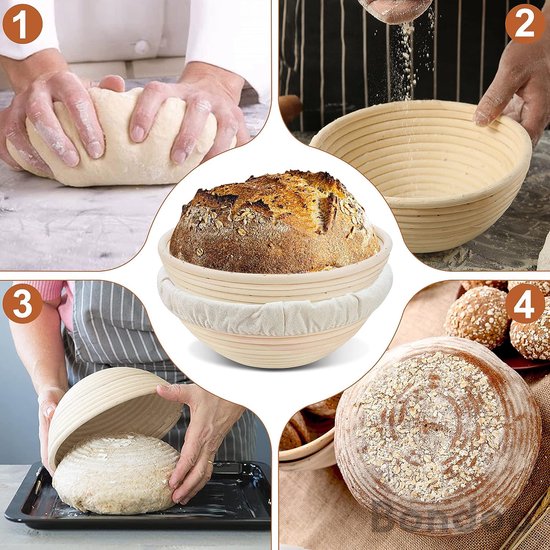 Bondoo Rijsmandje Ø 23 cm - Broodbakken - Banneton - Rijsmandje Brood - Rijsmand Rond - Zuurdesem starter set - incl Deegkleed - Deegmesje - RVS Deegschraper - Plastic Deegschraper - Deegklopper - Borstel
