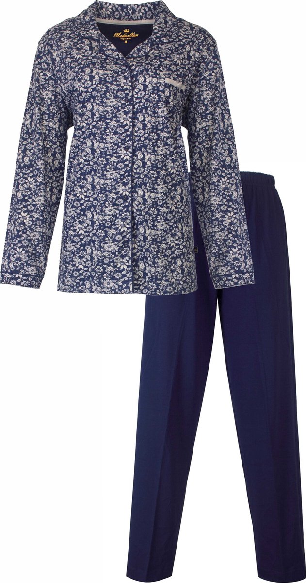 Medaillon Dames Pyjama - Doorknoop - Lange Mouwen - Blauw