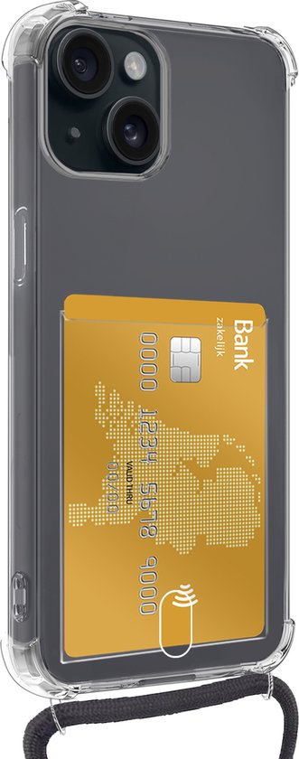 Coque adaptée pour iPhone 15 avec porte-cartes et cordon résistant aux chocs, coque en Siliconen avec cordon de téléphone et porte-cartes – Transparent – ​​Lot de 2
