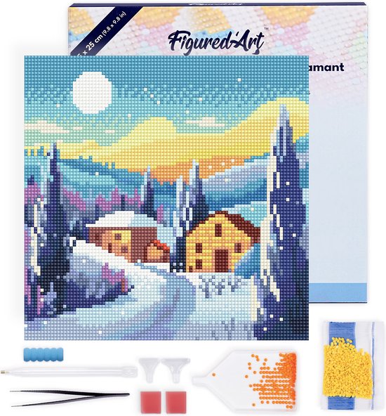 Figured'Art Mini Diamond Painting set Volwassenen 25x25 cm met lijst Toscaanse Winternacht - 5D DIY Art full drill ronde diamant - Canvas al ingelijst