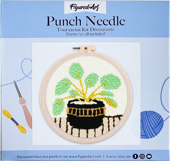 Figured'Art Punch Needle Kit voor Volwassenen en Kinderen - Zwarte potplant - Perfect voor Beginners. Compleet klaar-om-te-borduren set, maat 20x20 cm met ronde frame