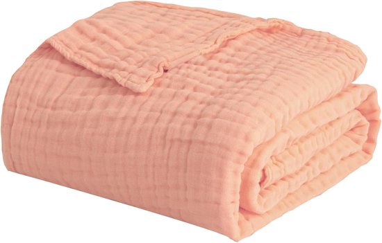 EMME Plaid chiffon deken, 70% katoen, 30% bamboe, ademend, zacht en licht, voorgewassen, zomersprei, voor bank, lichtbruin, 230 x 200 cm