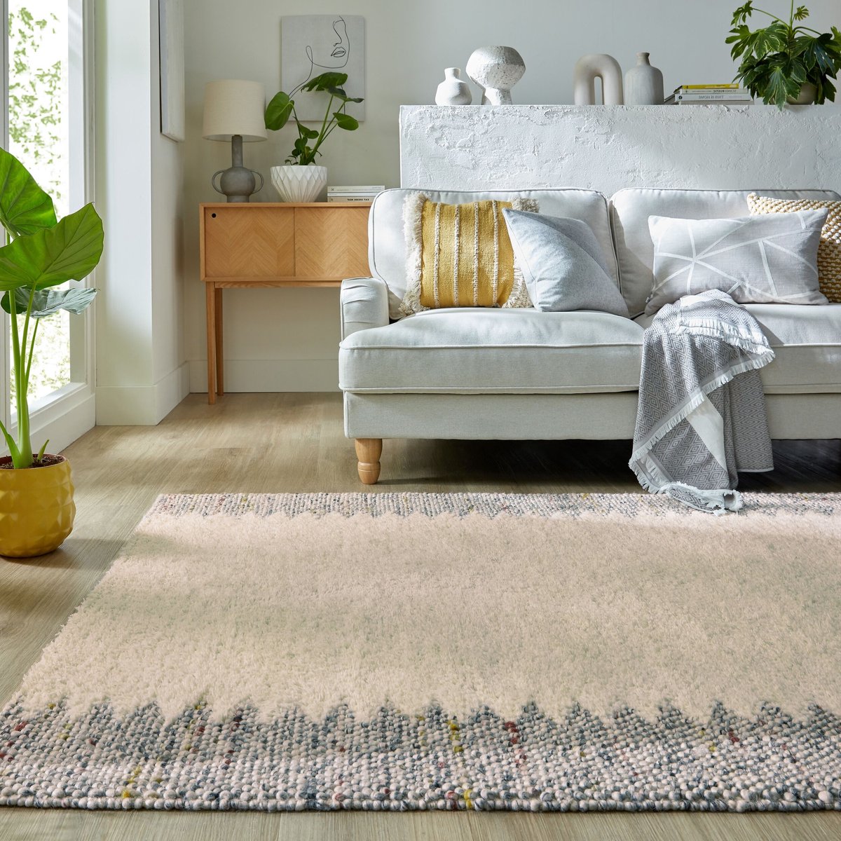 Flycarpets Minerals Uni vloerkleed - Laagpolig - Wol - Bolletjes Kader Modern - Zwart / Wit 160 x 230 cm