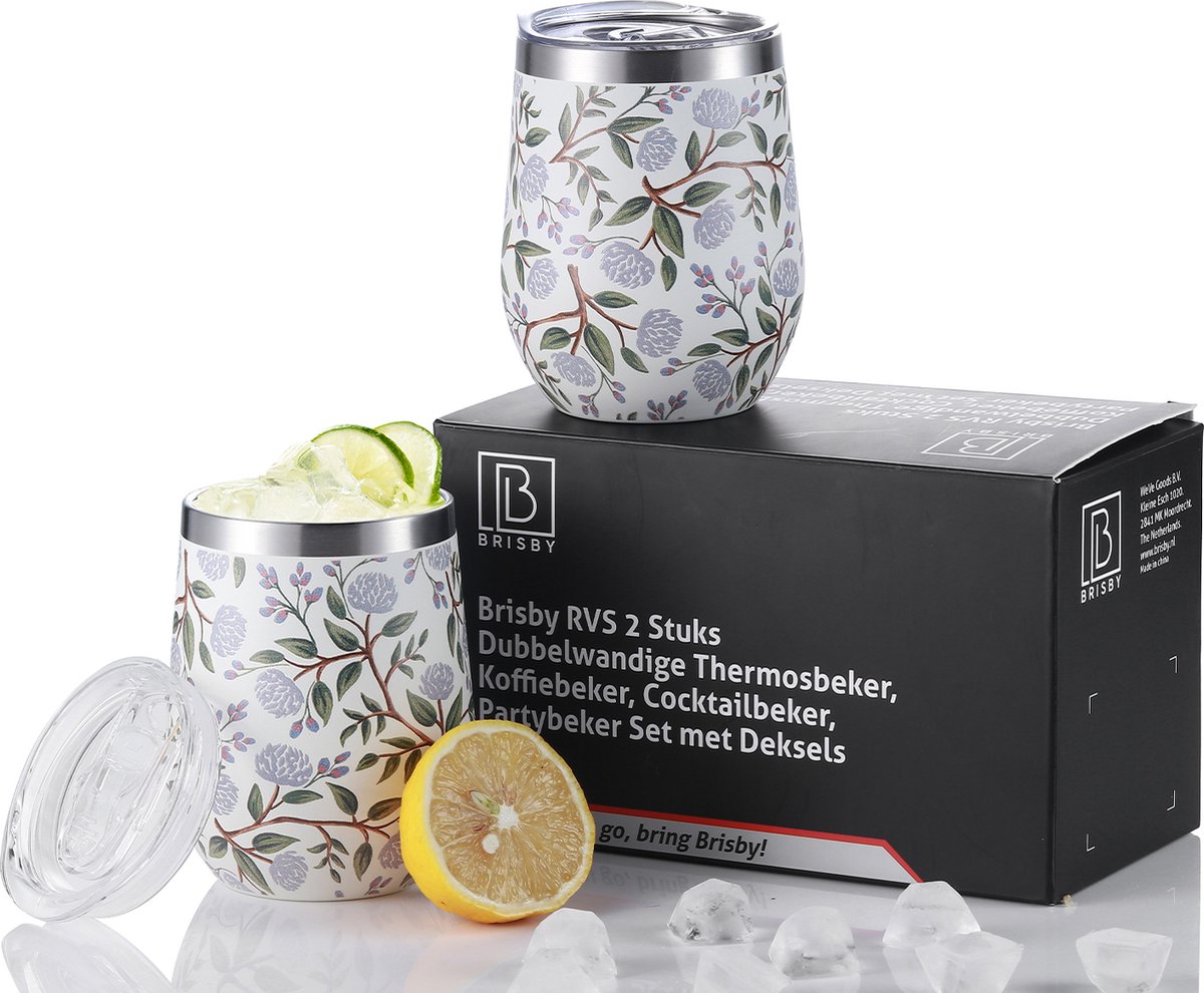 Brisby RVS thermosbekers set – 2x 360 ml – dubbelwandig – White Flower
