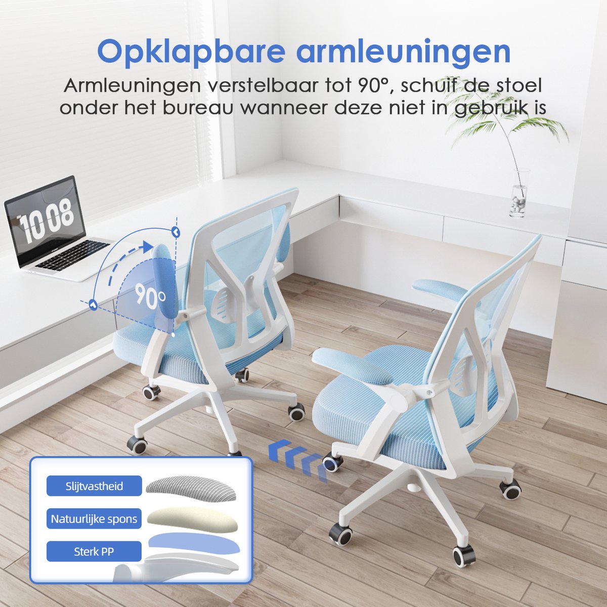 Elekiatech Ergonomische Bureaustoel - Bureaustoel - Opklapbare Armleuningen - Bureaustoelen voor Volwassenen-150 Kg-Blauw thumbnail 6
