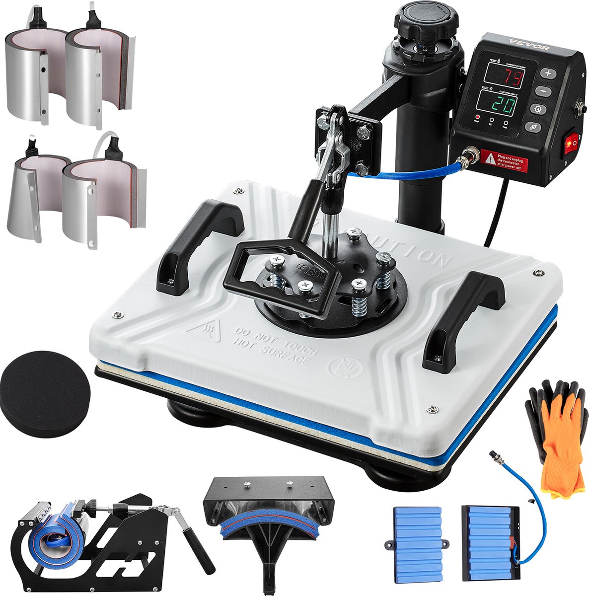 Vevor Warmte Persmachine Transferpers 10 In 1 Hittepers Met 38 x 30cm Hitteplaat LCD-scherm VERWARMING MET DUBBELE BUIS Voor Het Aanbrengen Van Letters Cijfers En Patronen Op Petten T-Shirts Kopjes Borden Wit