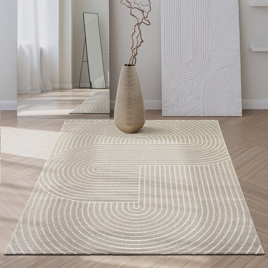 the carpet Mila - Moderne kortpolige tapijt, woonkamer, slaapkamer, elegante glans, glanzende vezels, hoog-laag effect, Beige, 120 x 170 cm