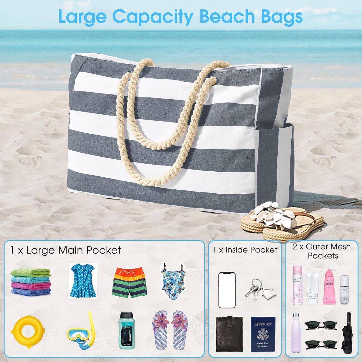 CIRYCASE Strandtasche XXL Familie mit Kühlfach, 54L Große Badetasche Strandtasche mit Reißverschluss & Nassfach, Faltbare Wasserdicht Beach Bag Mädchen Handtasche Shopper Damen für Reisen/Fitness/Pool