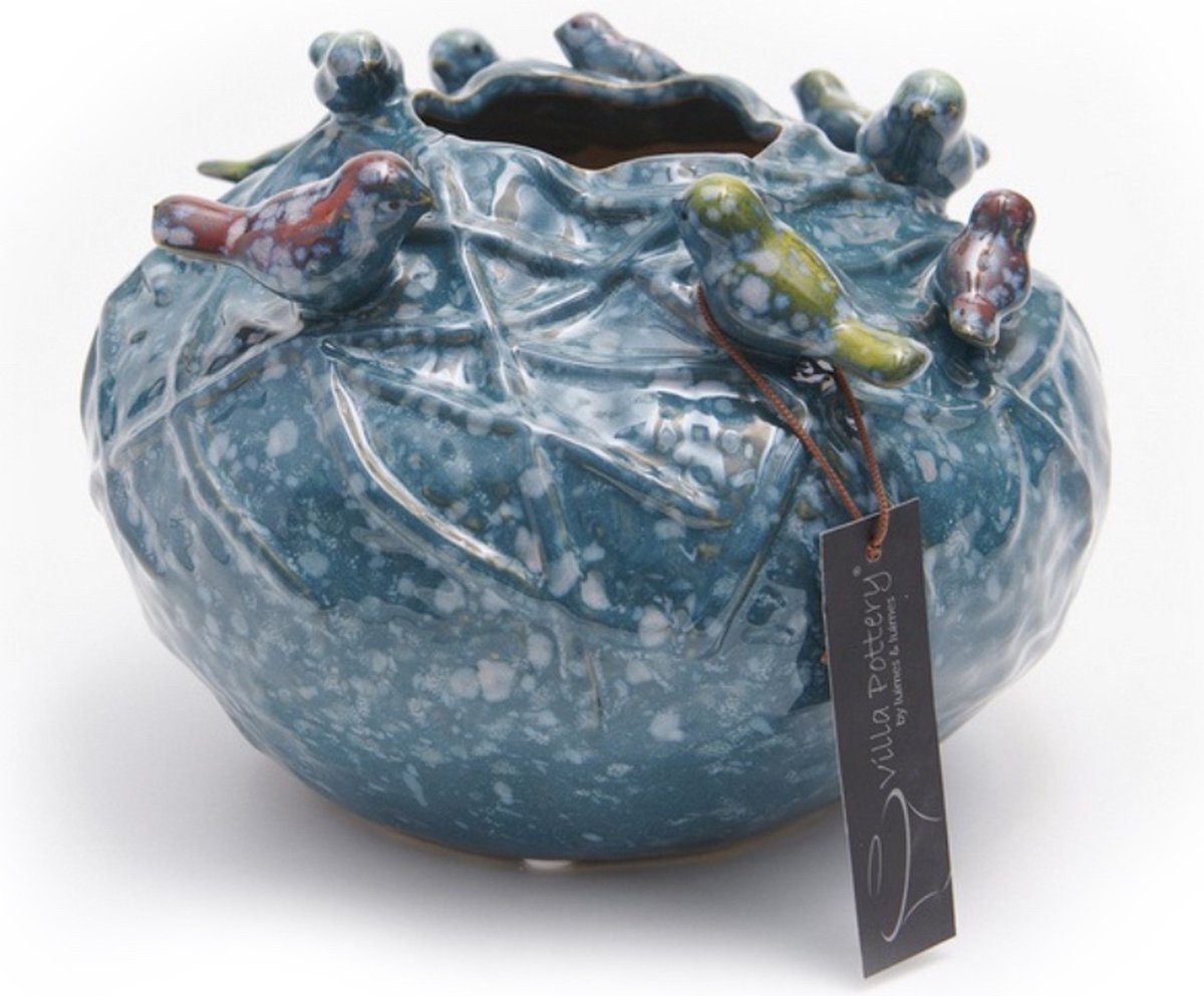 Irishflowers Vaas - Villa Pottery - Decoratie - Woondecoratie - Vogelvaas - Porselein - Waterdicht - Lieve 1_2 Blue 9 Birds Blauw