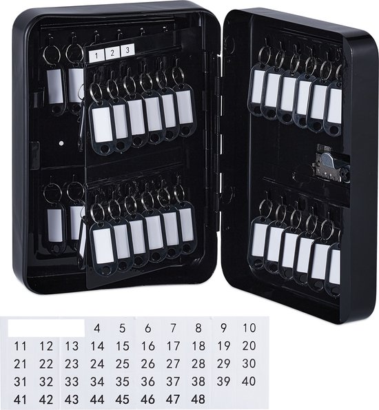 Idena 50120 - Metalen sleutelkastje, zwart sleutelkastje met cijferslot, ca. 30 x 24 x 8 cm, incl. 36 sleutelhangers en nummerstickers